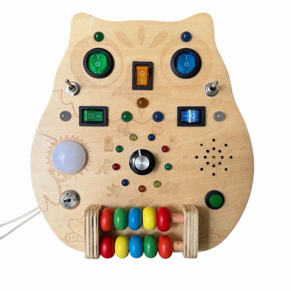RCPLAGA Montessori Busy Board Wooden Owl Sensory Toy LED Light Switches Music